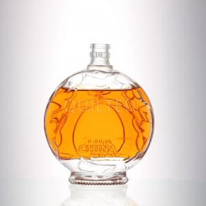 China 300 ml embossed glass bottle for whisky and liquor with lid Manufacturer and Company | QLT